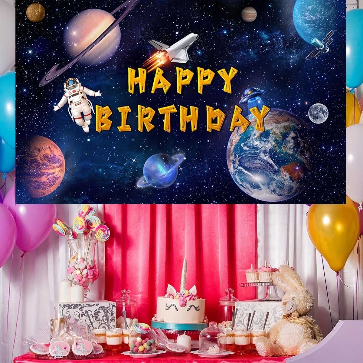 Space Happy Birthday Photography Backdrop 70in Astronaut Rocket Banner