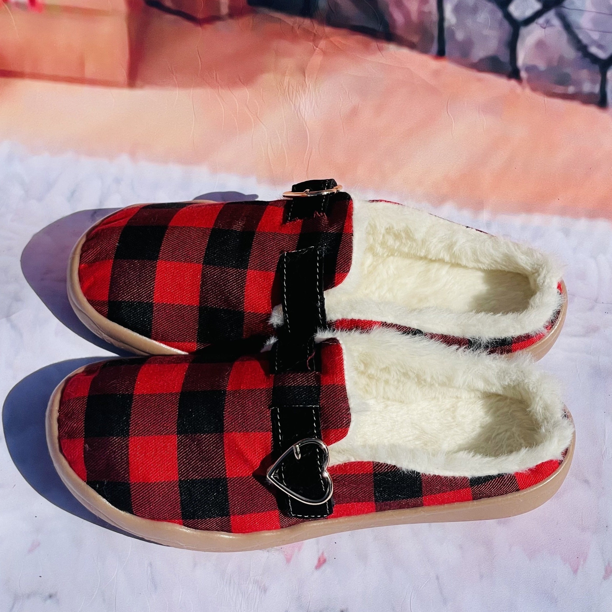 Winter Christmas Women's Plaid Furry Slippers Soft Comfortable Canvas Shoes
