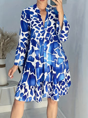  Women's Random Print Button Up Bell Sleeve Mock Neck Mini Dress
