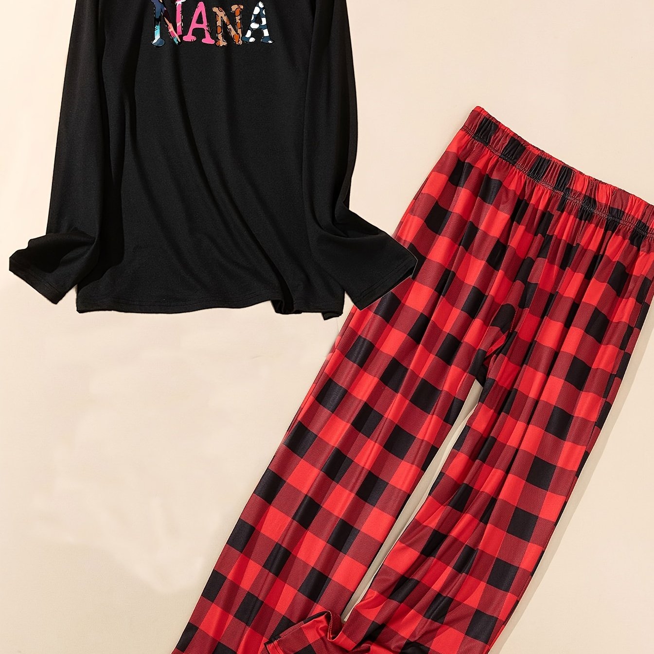  Slogan Print Tee & Plaid Pants Pajama Set