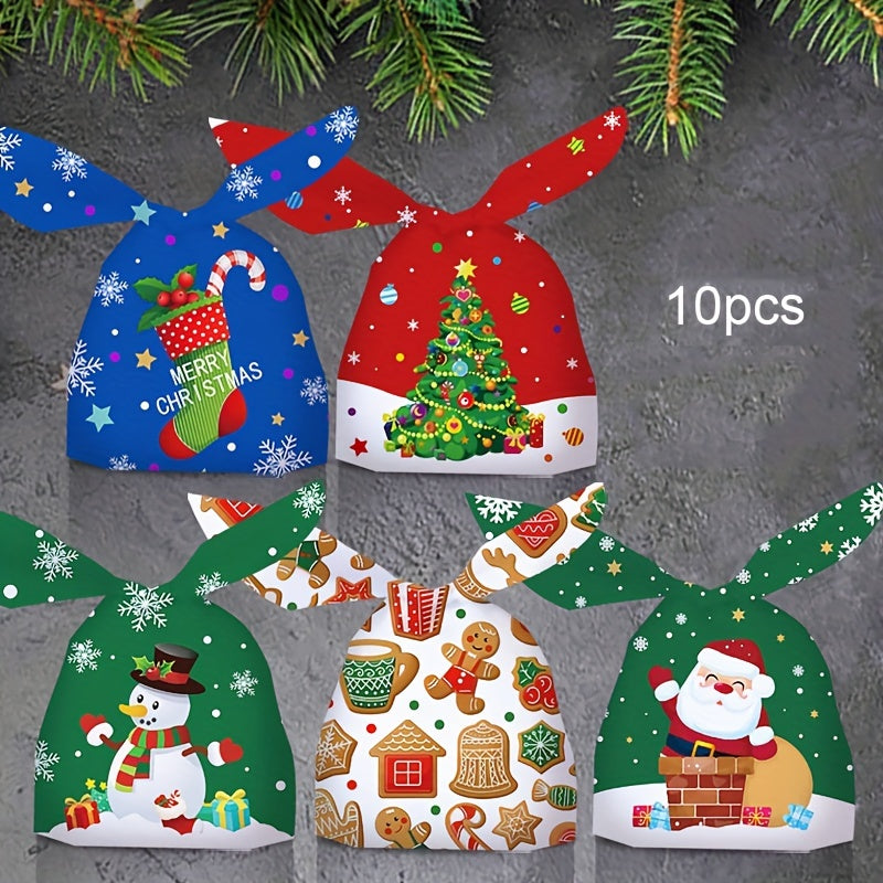 10pcs Christmas Bunny Ears Goodie Bags Snowman Printed