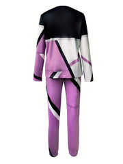 Casual 2pc Set Crew Neck Long Sleeve Tops & Drawstring Long Pants