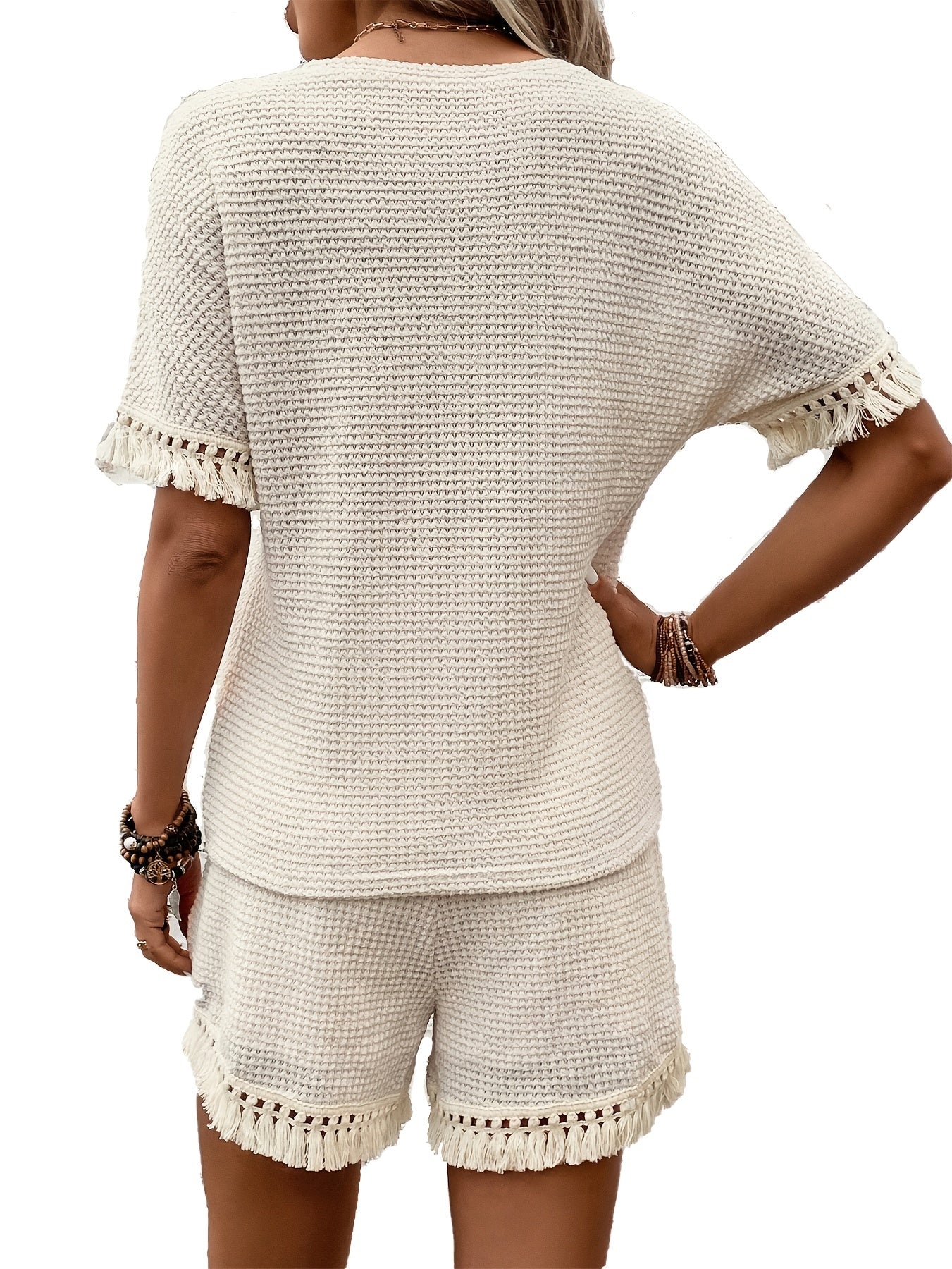 Waffle Tassel Two piece Set Crew Neck Short Sleeve Tops & Comfy Short Outfits