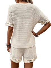 Waffle Tassel Two piece Set Crew Neck Short Sleeve Tops & Comfy Short Outfits