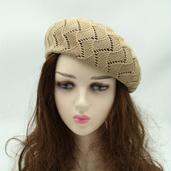 Striped Knitted Beret Beige Vintage Painter Cap Octagonal Hat