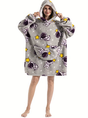  Shark Pattern Fluffy Fleece Long Sleeve Hooded Wearable Blanket