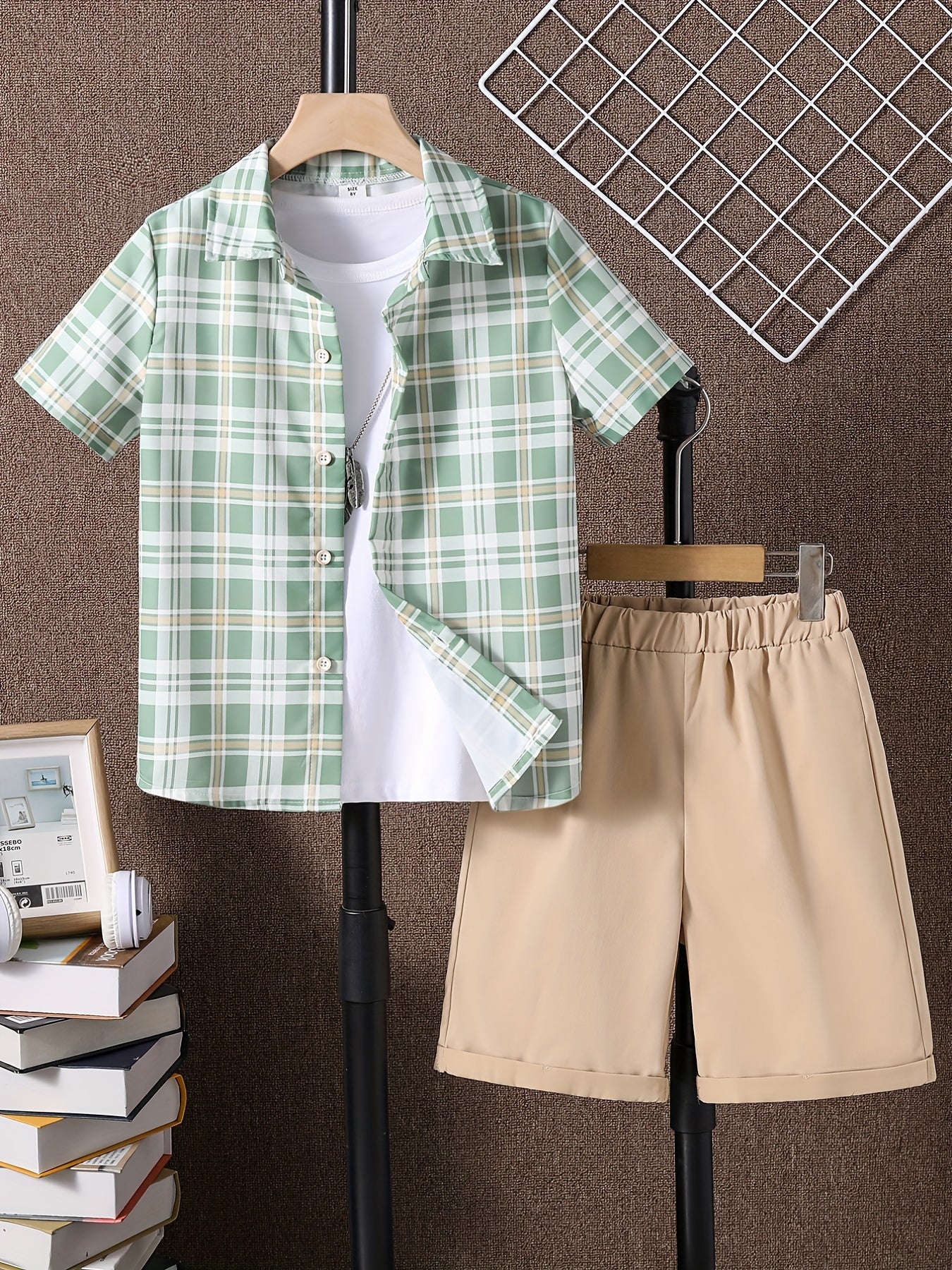 2pcs Boys Casual Plaid Short Sleeve Shirt&Shorts Set Kids Summer Clothing