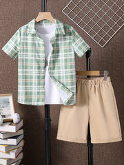 2pcs Boys Casual Plaid Short Sleeve Shirt&Shorts Set Kids Summer Clothing