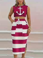 Casual Two piece Skirt Set Crop Tank Top & Striped Drawstring Side Split Skirt