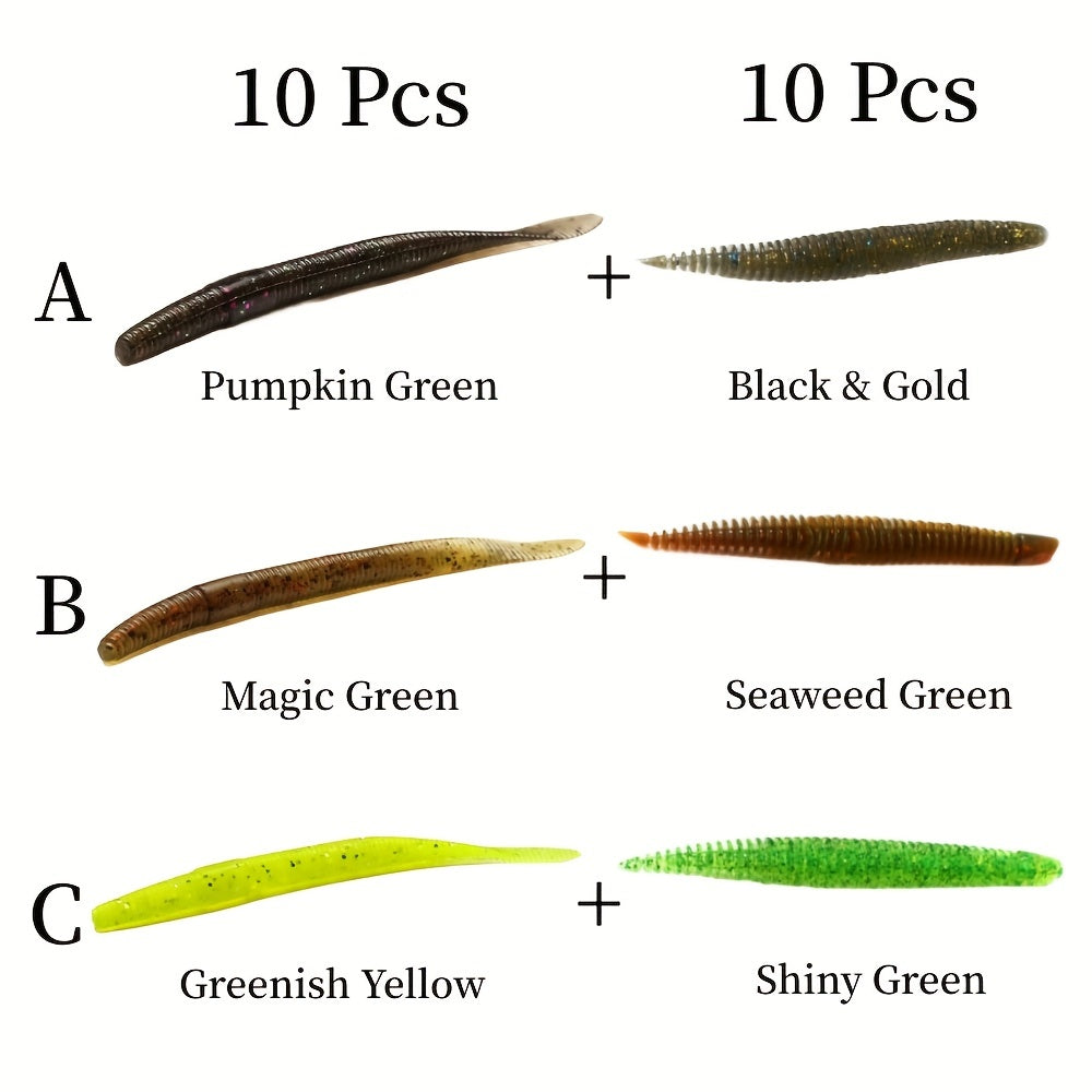 20pcs Mixed Soft Worm Fishing Lures 9.3in Flat Tailed Worm & 3.15in Floating