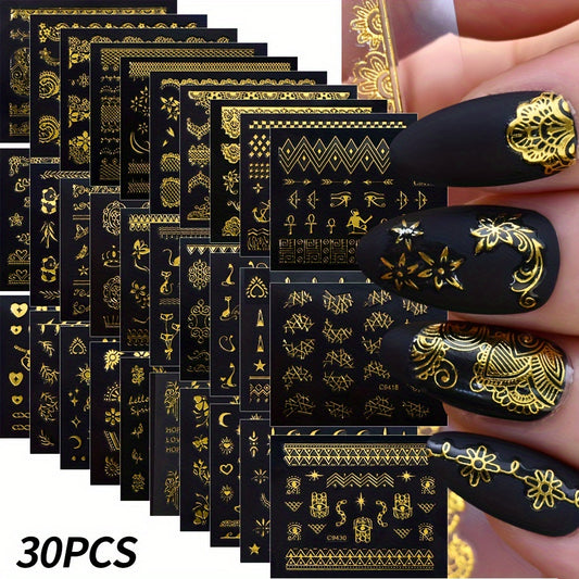 30pcs Golden Foil Nail Art Stickers Set Self Adhesive Metallic Decals