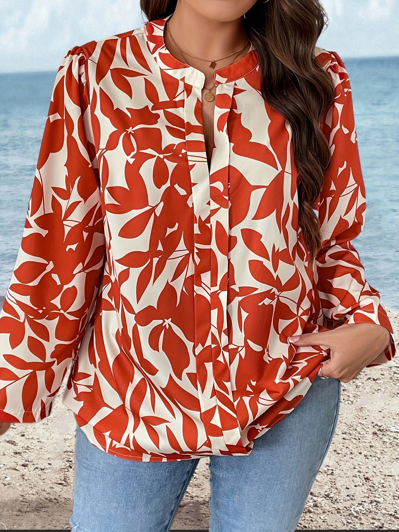  Floral Print Puff Sleeve Notched Neck Blouse