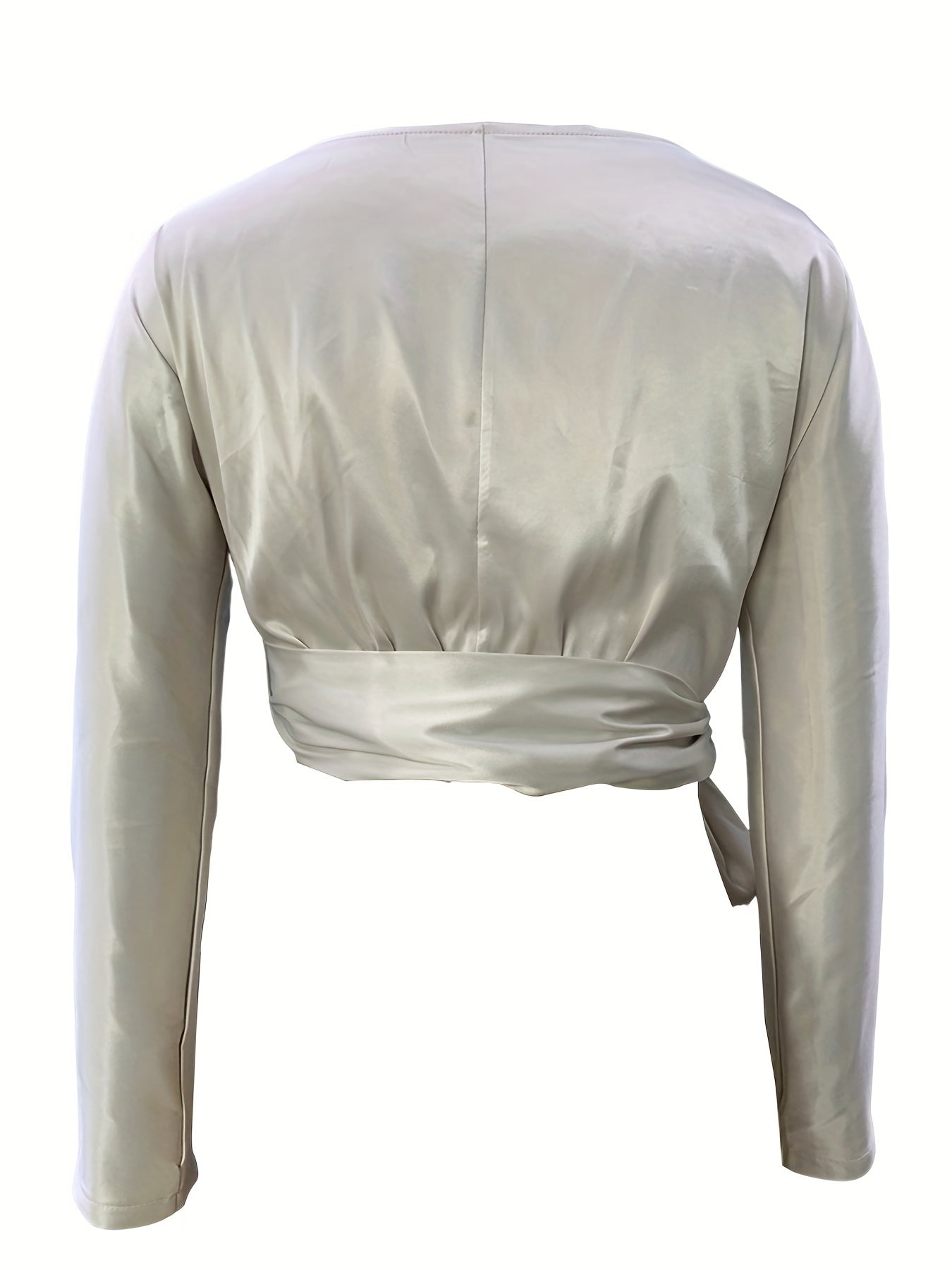  Satin Long Sleeve V Neck Tie Side Crop Wrap Blouse
