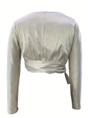  Satin Long Sleeve V Neck Tie Side Crop Wrap Blouse