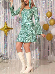  Marble Print Flared Sleeve Round Neck A Line Dress