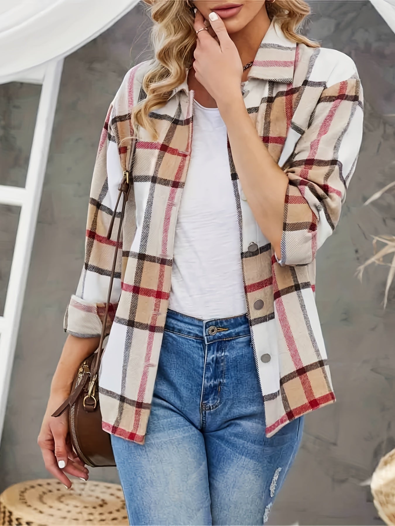  Plaid Print Button Up Long Sleeve Shacket