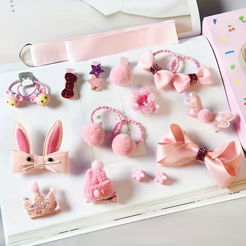 14pcs Girls Hair Accessories Set Crown Hair Tie Bow Duckbill Clip Cartoon Rabbit