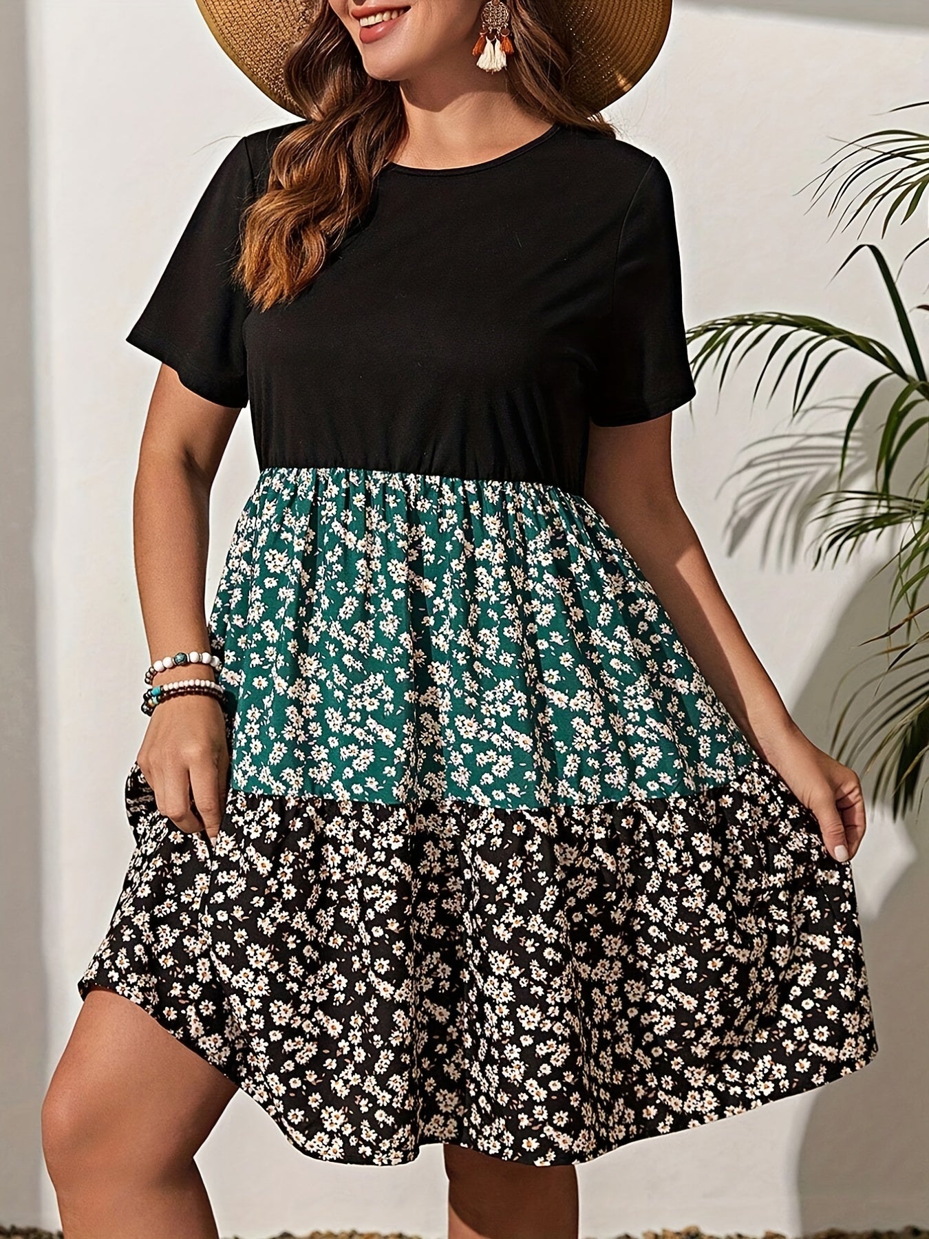  Colorblock Ditsy Floral Print Smock Dress