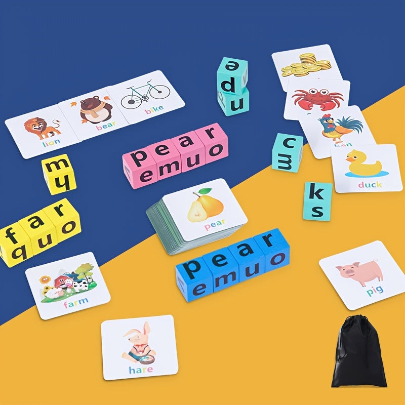 Wooden Spelling Game Building Blocks with Cards for Kids Learning Toy