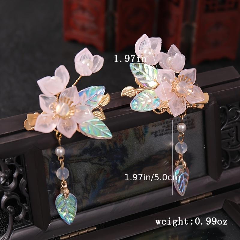 Hanfu Headdress Hairpin Flowers Leaves Faux Pearl Tassels Ancient Style