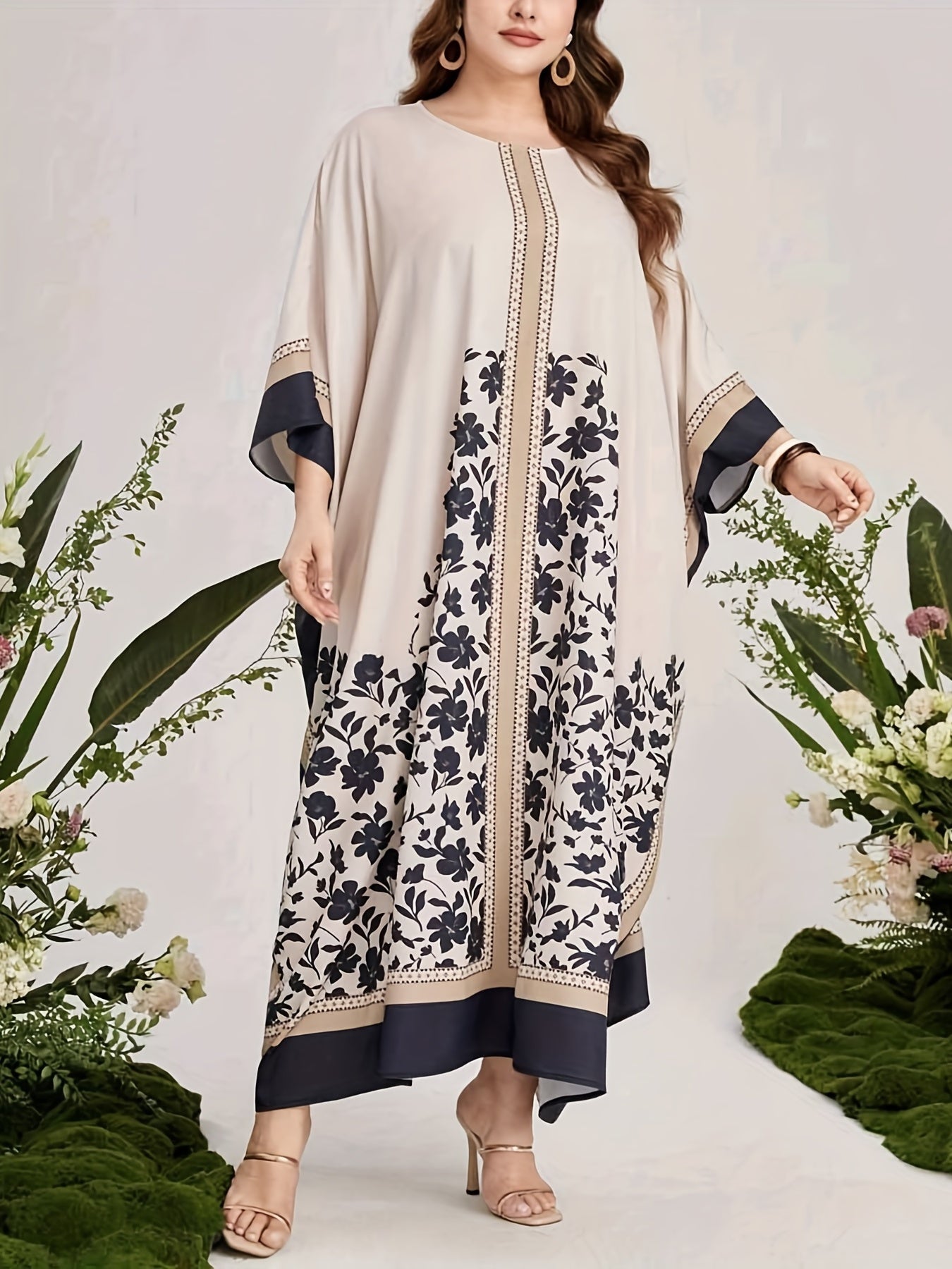  Floral Print Abaya Dress Women's Round Neck Batwing Sleeve