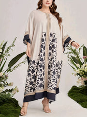  Floral Print Abaya Dress Women's Round Neck Batwing Sleeve