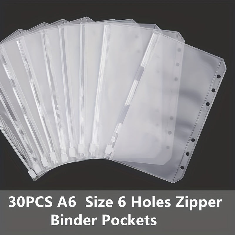 30pcs A6 Binder Pocket 6 Holes Budget Envelopes Clear Zipper Ring Bag