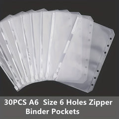30pcs A6 Binder Pocket 6 Holes Budget Envelopes Clear Zipper Ring Bag