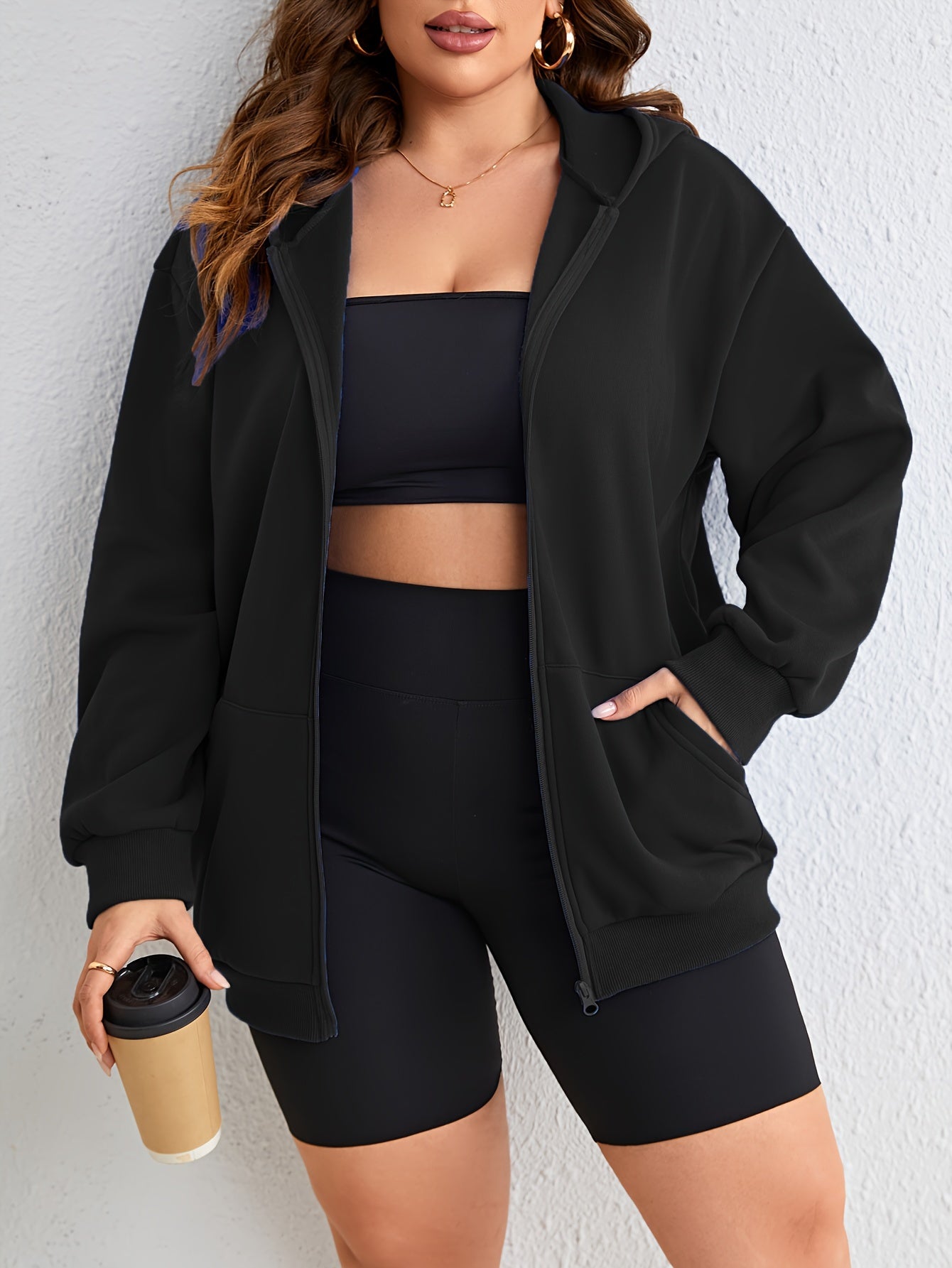  Long Sleeve Zip Hooded Coat with Pockets
