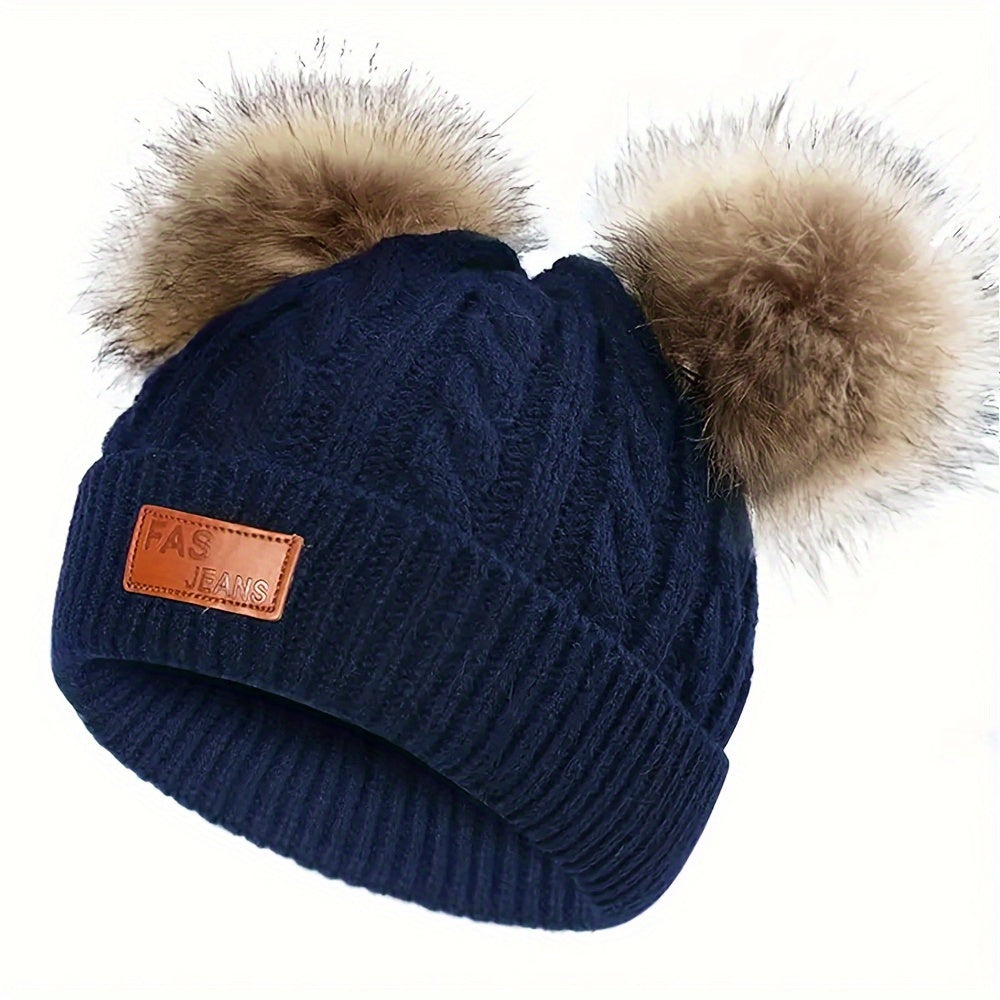 Kids Double Fur Ball Beanie Knitted Hat Autumn Winter Warm Ear Protection