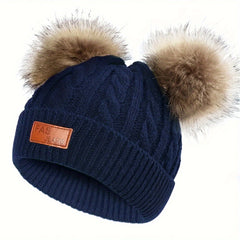 Kids Double Fur Ball Beanie Knitted Hat Autumn Winter Warm Ear Protection