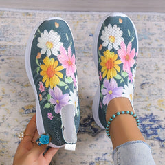 Women's Floral Flat Shoes Slip On Low Round Toe Casual Comfy Light Shoes