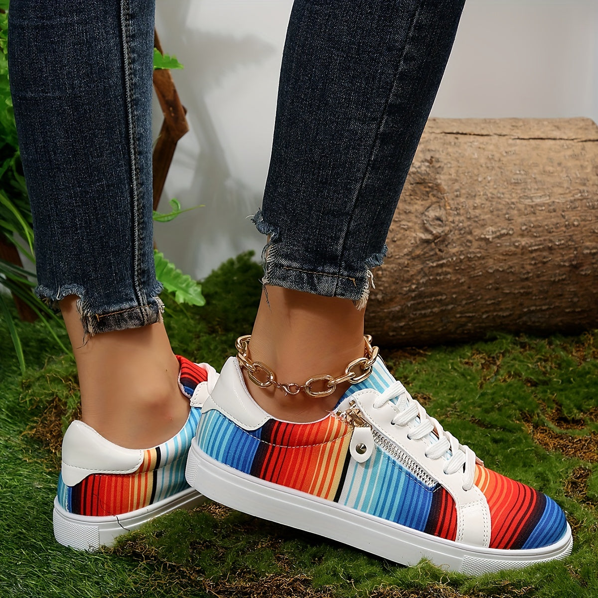 Colorful Striped Sneakers Low Top Canvas Shoes