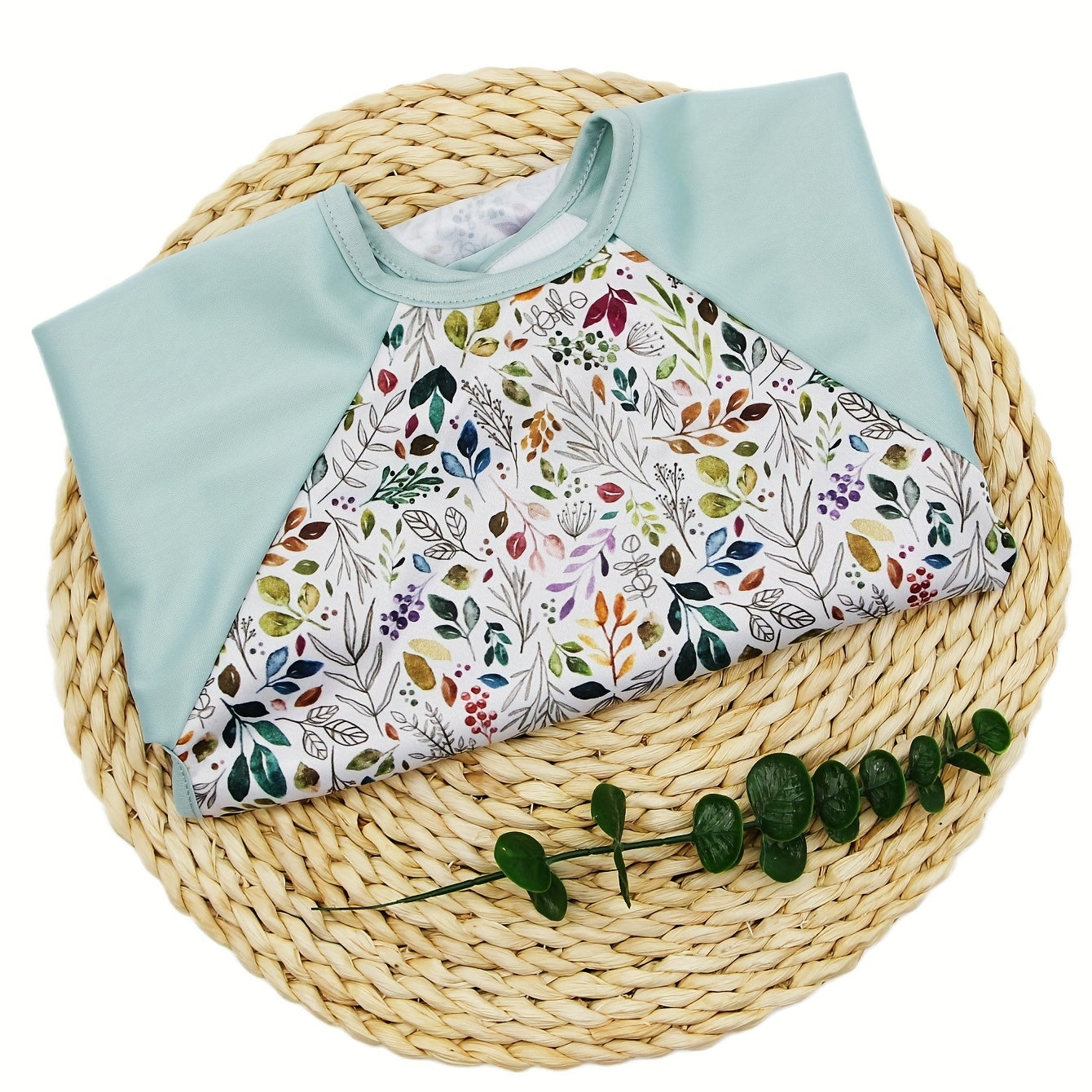 Boho Leaves Print Long Sleeved Feeding Bib for Baby Boys and Girls