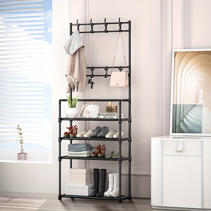 Household Independent Clothes Rack with 3 Shelves & 8 Hooks