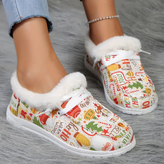 Christmas Print Plush Lined Furry Flat Lightweight Comfortable Skate Shoes