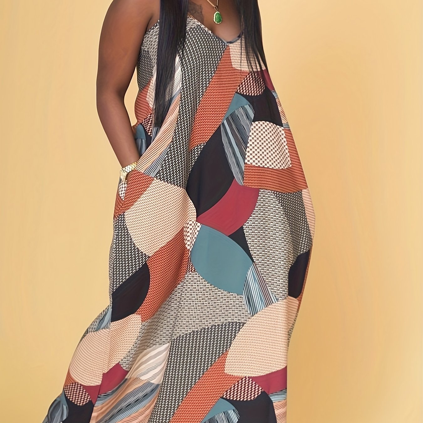 Colorblock Polka Dot Maxi Dress with Pocket Plus Size
