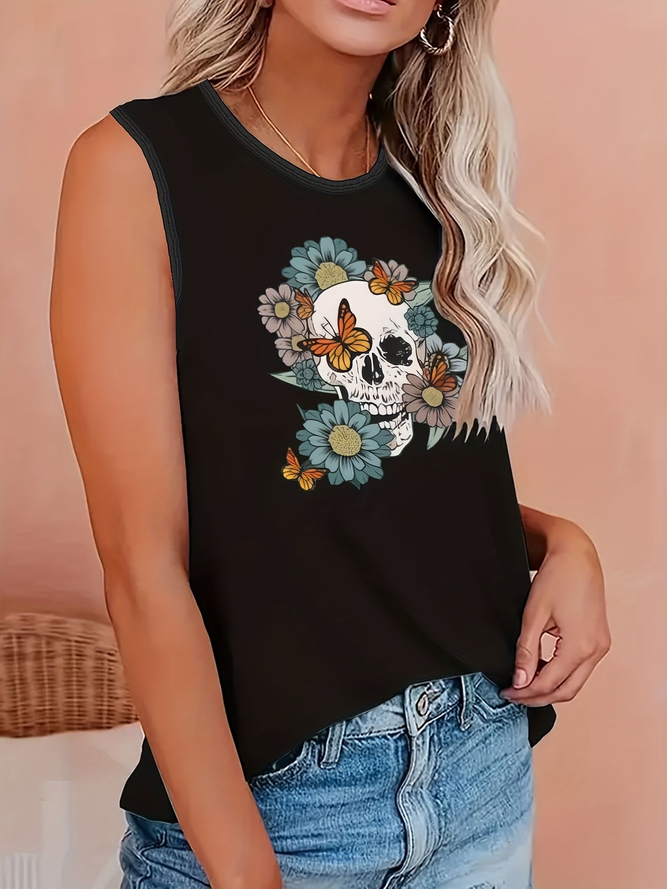  Halloween Floral Skull Butterfly Tank Top