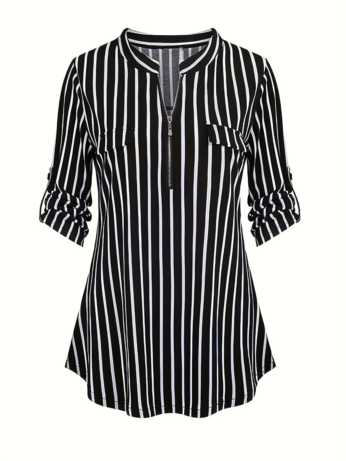  Stripe Print Half Zipper V Neck Top
