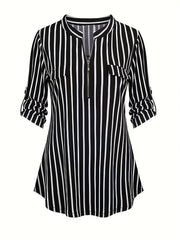  Stripe Print Half Zipper V Neck Top
