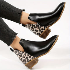 Leopard Print Ankle Boots Pointed Toe V Cut Stacked Heels Short Boots