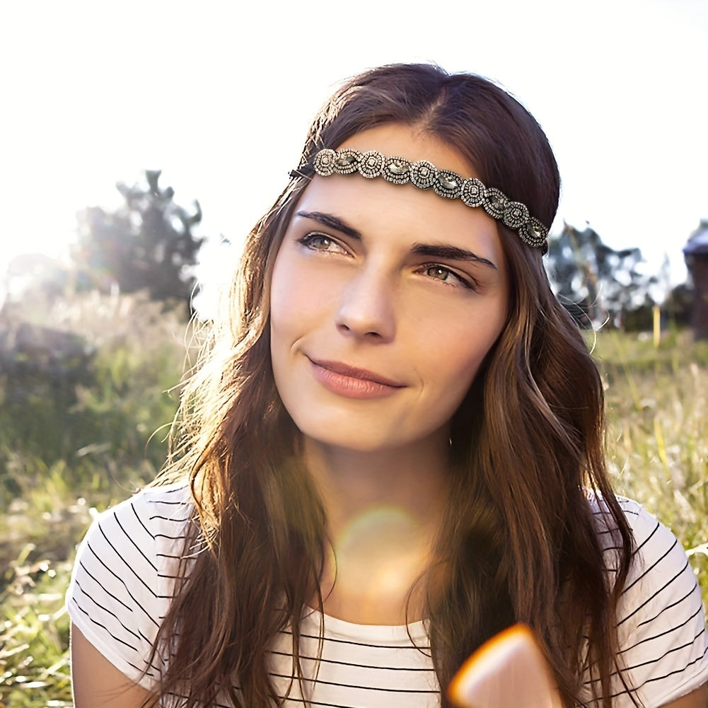 Beaded Rhinestone Headband Stretchy Hair Band
