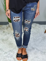 Women's Plus Leopard Print Washed Ripped Button Fly Jeans
