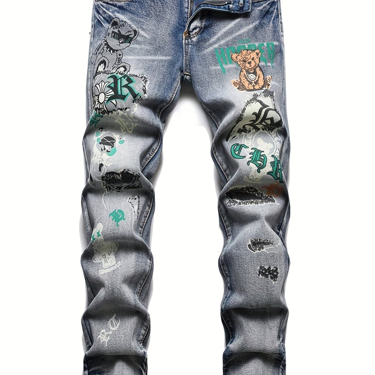 Men's Bear Graphic Stretch Graffiti Print Jeans