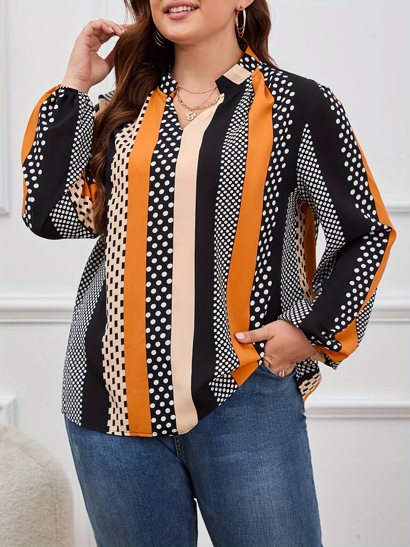  Dot Print Lantern Sleeve V Neck Blouse