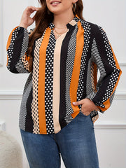  Dot Print Lantern Sleeve V Neck Blouse