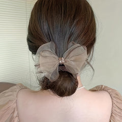 Mesh Bow Hair Ring Rhinestone Bow Ponytail Hair Rope Women's Hair Accessories