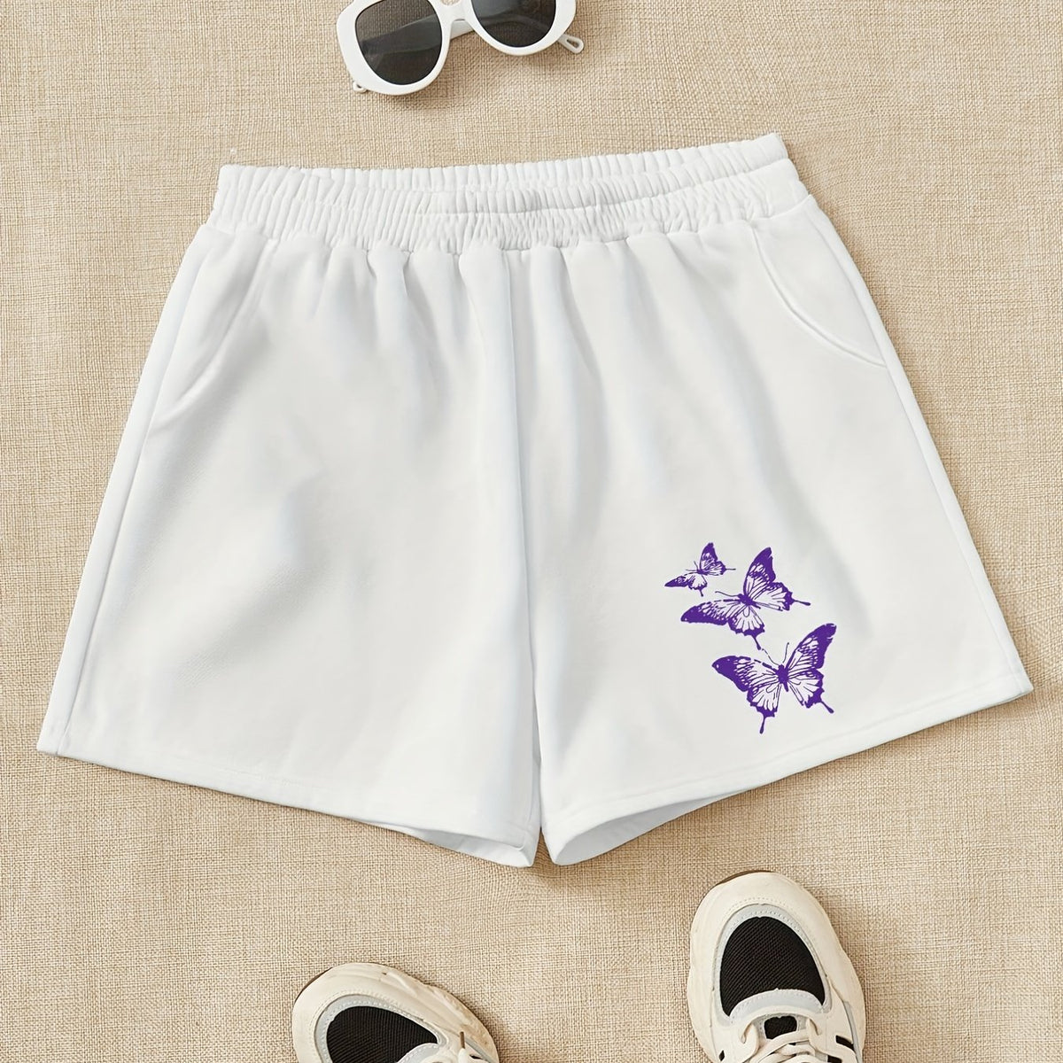 Girls Shorts Purple Butterfly Print Comfy Fit Elastic Waist Work Out Shorts