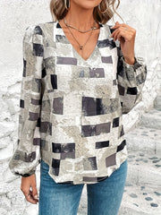  Geometric Print Tie Dye Lantern Sleeve V Neck Blouse