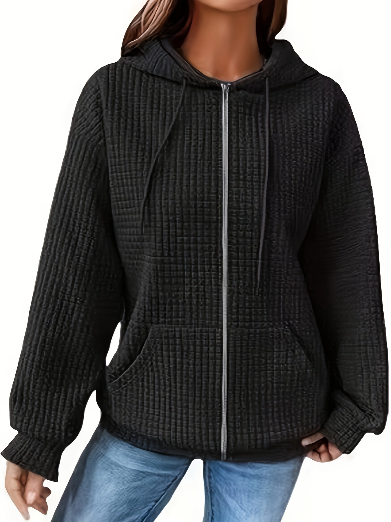  Waffle Pattern Zip Up Hoodie Coat With Pockets
